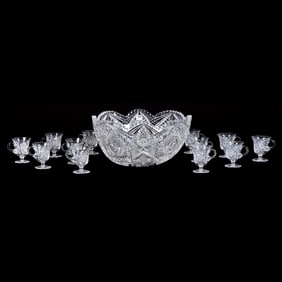 Punch Bowl Set, American Brilliant Cut Glass, Monarch Pattern By J. Hoare