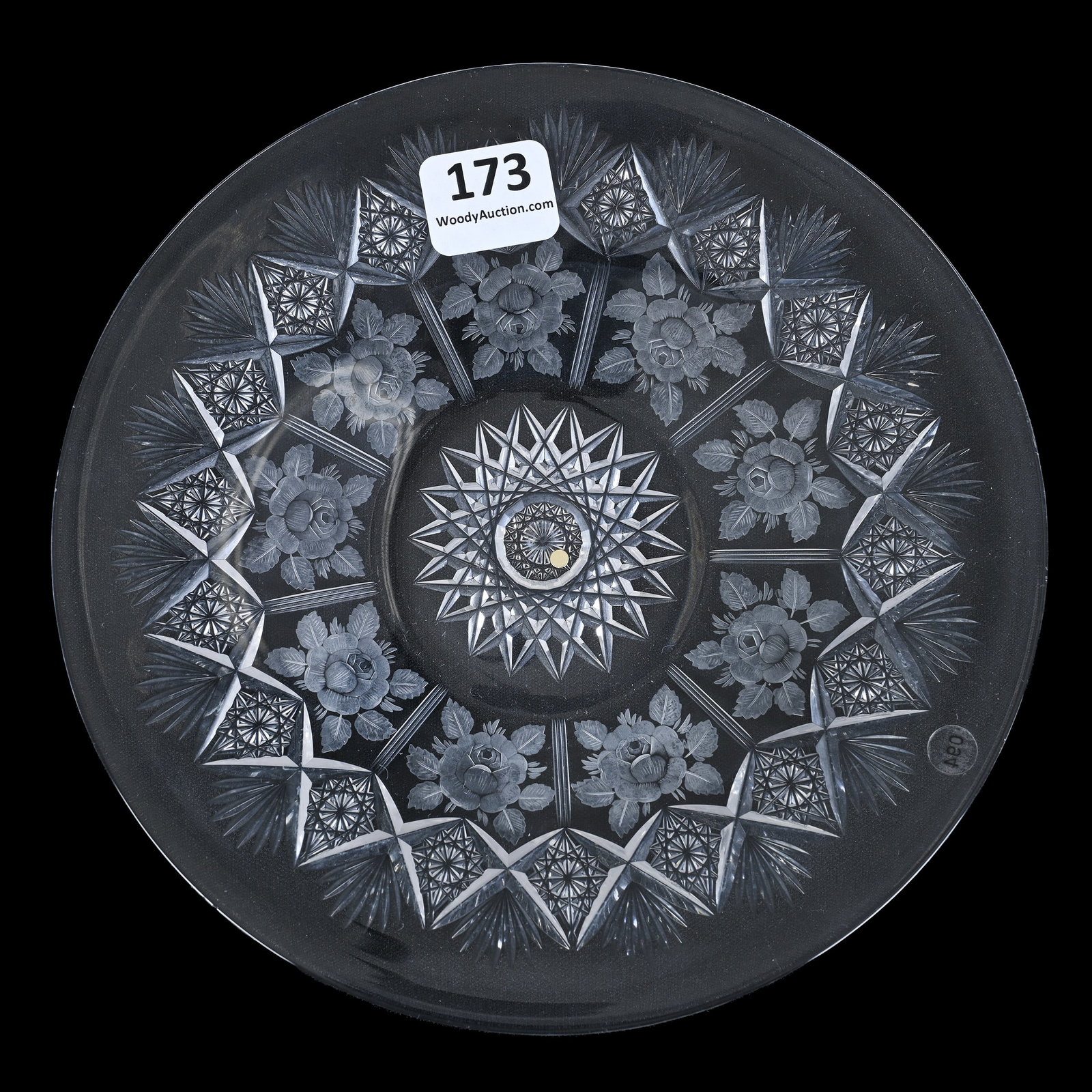 Plate, American Brilliant Cut Glass, Signed Sinclaire: Plate, American Brilliant Cut Glass, Signed Sinclaire, 6.5", Hobstar And Fan With Engraved Rose Blossom Panels, Dr. Dallas & The Late Evelyn Nelson, KS.