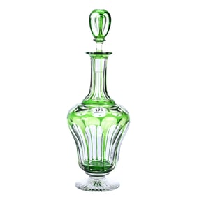 Footed Decanter, Brilliant Period Cut Glass, Green Cut To Clear