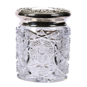 Humidor, American Brilliant Cut Glass, Embossed Sterling Silver Lid