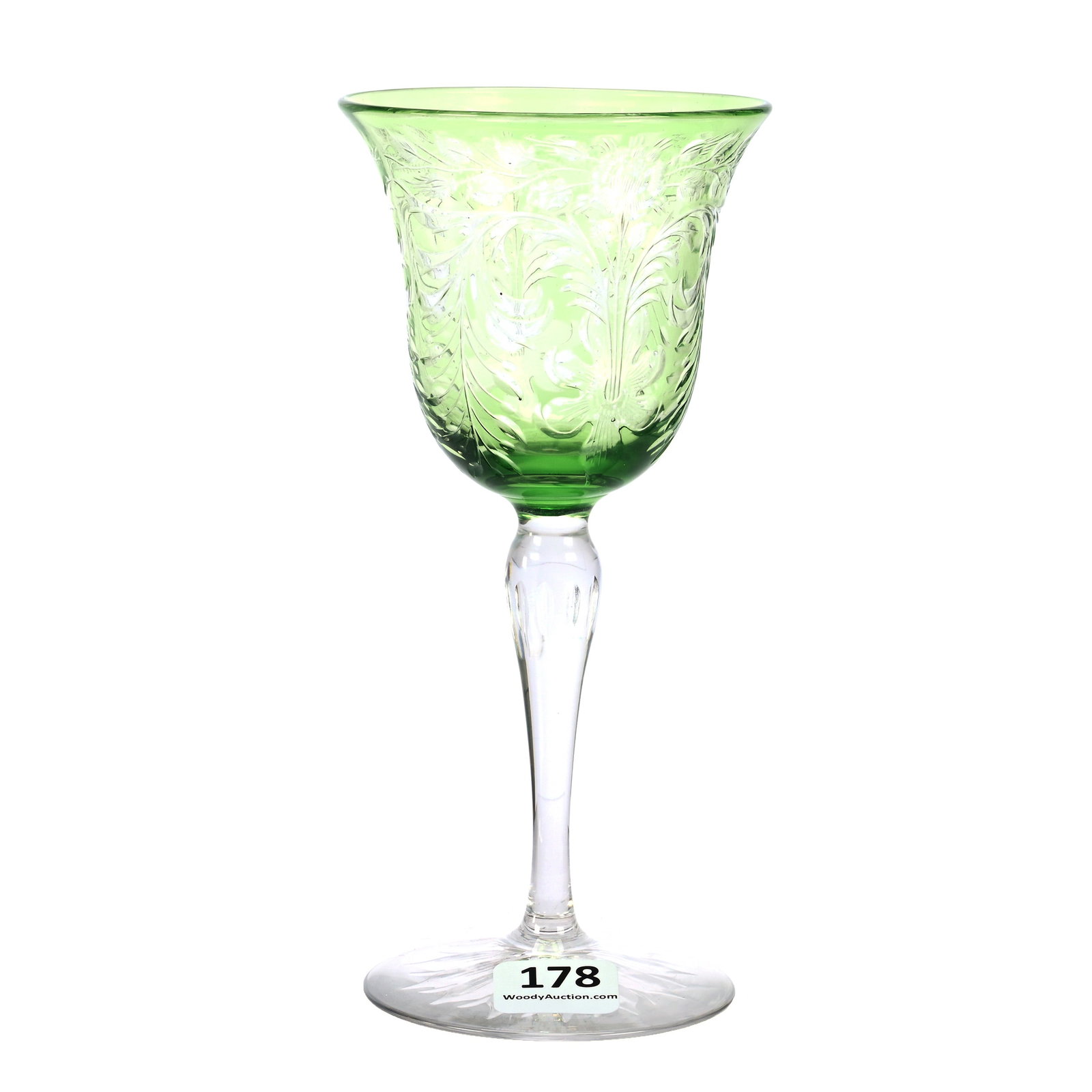 Wine Stem, American Brilliant Cut Glass, Signed Hawkes, Green Cut To Clear: Wine Stem, American Brilliant Cut Glass, Signed Hawkes, Green Cut To Clear, 6.25" x 3", Engraved Rose And Leaf Design, Pattern Engraved Foot, Dr. Dallas & The Late Evelyn Nelson, KS.
