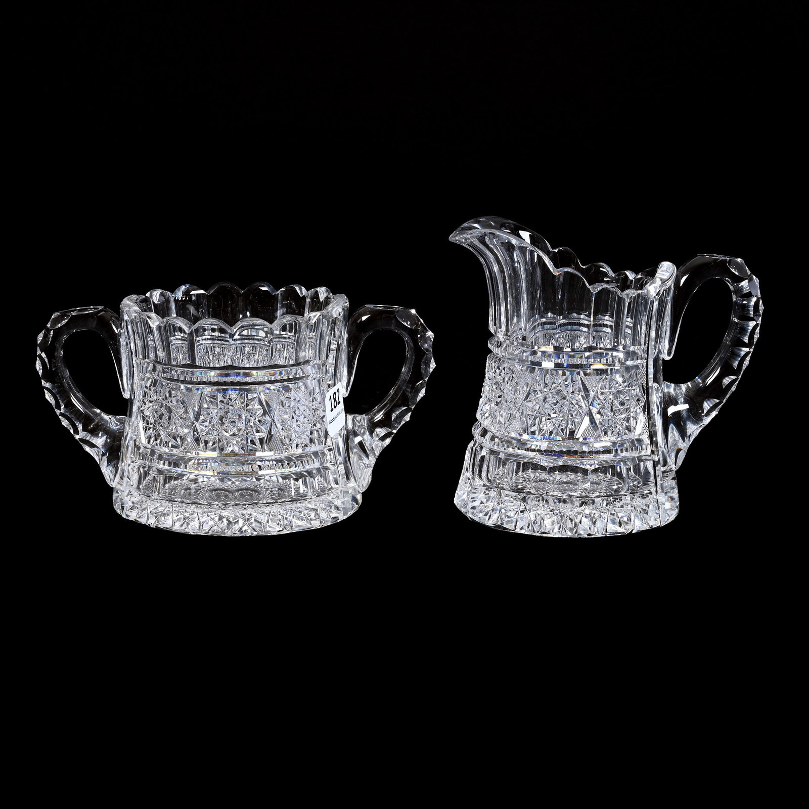Creamer & Sugar Set, American Brilliant Cut Glass, Aberdeen By Jewel: Creamer & Sugar Set, American Brilliant Cut Glass, Aberdeen By Jewel, 4.5" x 6", Triple Notched Handle, Hobstar Base, Excellent Blank, Dr. Dallas & The Late Evelyn Nelson, KS.