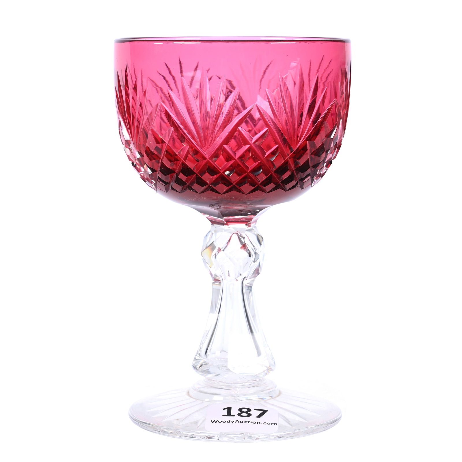 Wine Stem, American Brilliant Cut Glass, Cased Cranberry: Wine Stem, American Brilliant Cut Glass, Cased Cranberry, 4.75" x 3", Diamond And Fan Motif, Ray Cut Foot, Missouri Private Collection.