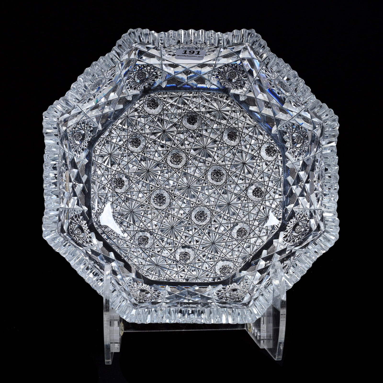 Bowl, Eight-Sided, American Brilliant Cut Glass, Hunt's Royal Pattern: Bowl, Eight-Sided, American Brilliant Cut Glass, Hunt's Royal Pattern, 3.5" x 9.25", Rim Chips, Dr. Dallas & The Late Evelyn Nelson, KS.
