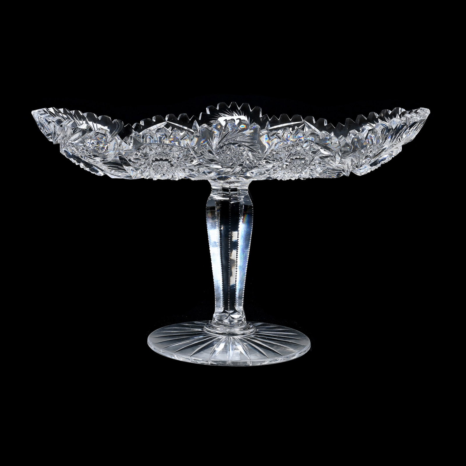 Celery Tray, American Brilliant Cut Glass: Celery Tray, American Brilliant Cut Glass, 7" x 11.5", Hobstar And Pinwheel Motif, Solid Notched Stem, Ray Cut Foot, Dr. Dallas & The Late Evelyn Nelson, KS.