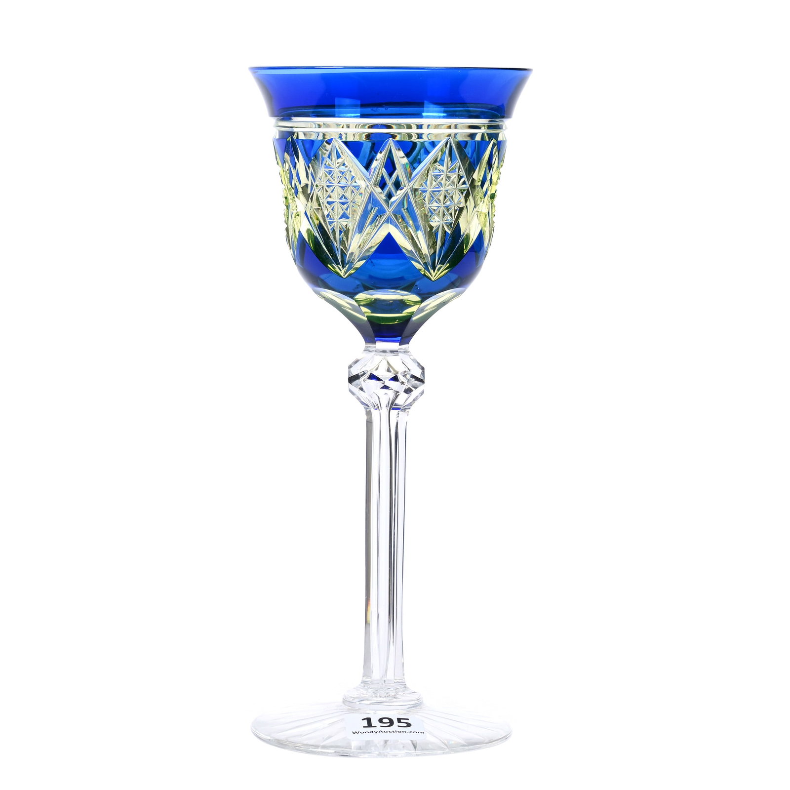 Wine Stem, BPCG, Blue Cut To Vaseline, Ferber Pattern By Val St. Lambert: Wine Stem, Brilliant Period Cut Glass, Blue Cut To Vaseline, Ferber Pattern By Val St. Lambert, 7.5" x 3.25", Highly Reactive Under Black Light, Missouri Private Collection.