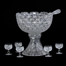 Punch Set, American Brilliant Cut Glass, India Pattern By Bergen, Matching Ladle