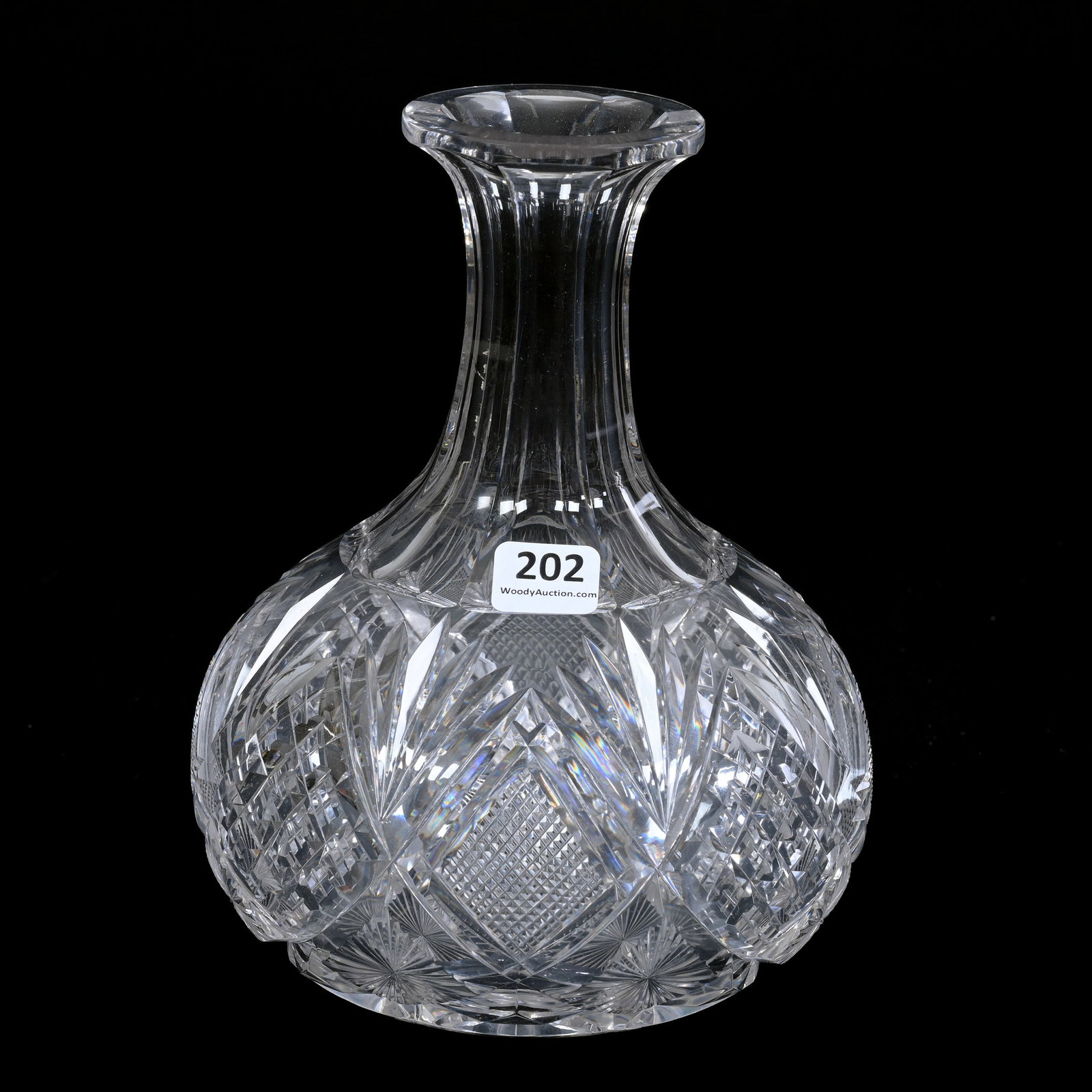 Water Carafe, Brilliant Period Cut Glass, Harvard Pattern By Libbey: Water Carafe, Brilliant Period Cut Glass, Harvard Pattern By Libbey, 7.75" x 6", Hobstar Base, Dr. Dallas & The Late Evelyn Nelson, KS.