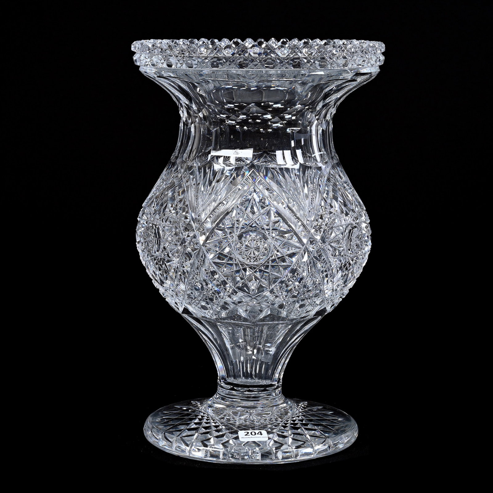 Pedestal Urn Vase, American Brilliant Cut Glass: Pedestal Urn Vase, American Brilliant Cut Glass, 12.75" x 7.75", Hobstar, Cane, Prism And Fan Motif, Large Hobstar Foot, Total Weight Of Over Thirteen Pounds, Excellent Quality, American Cut Glass Ass