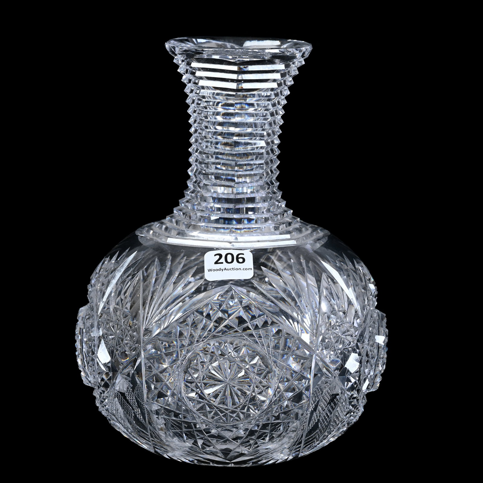 Water Carafe, American Brilliant Cut Glass, Monarch Pattern By J. Hoare: Water Carafe, American Brilliant Cut Glass, Monarch Pattern By J. Hoare, 7.75" x 6", Step Cut Neck, Ray Cut Base, Indiana Private Collection.