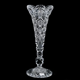 Trumpet Vase, American Brilliant Cut Glass, Signed Hawkes Queens Pattern