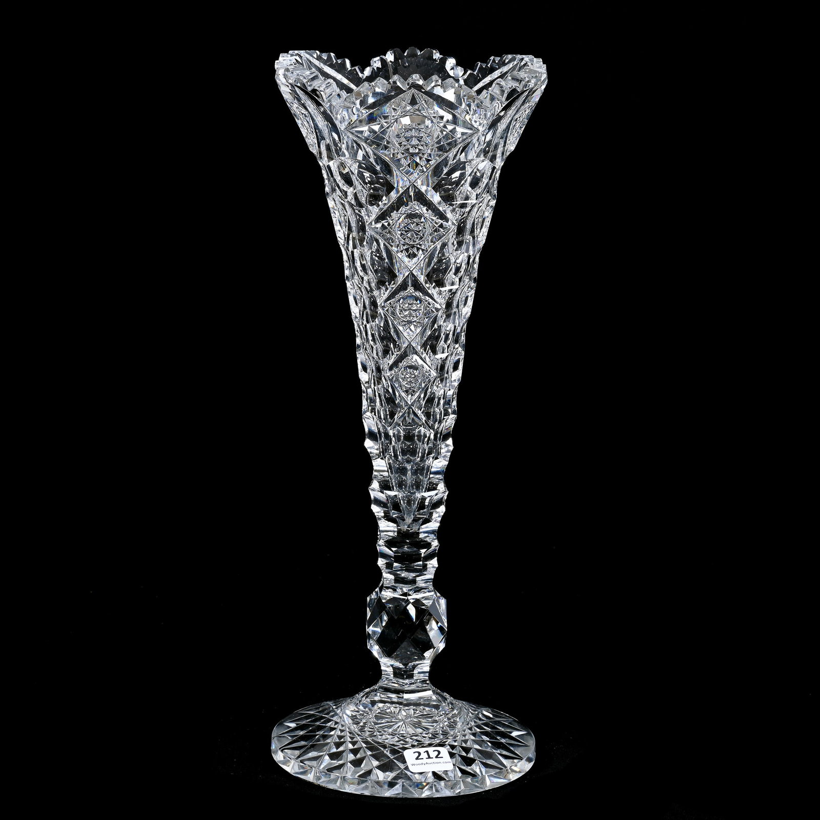 Trumpet Vase, American Brilliant Cut Glass, Signed Hawkes Queens Pattern: Trumpet Vase, American Brilliant Cut Glass, Signed Hawkes Queens Pattern, 14" x 5.5", Facet Cut Ball Stem, Hobstar Foot, Minor Sliver Chip On Tooth, American Cut Glass Association Collection.