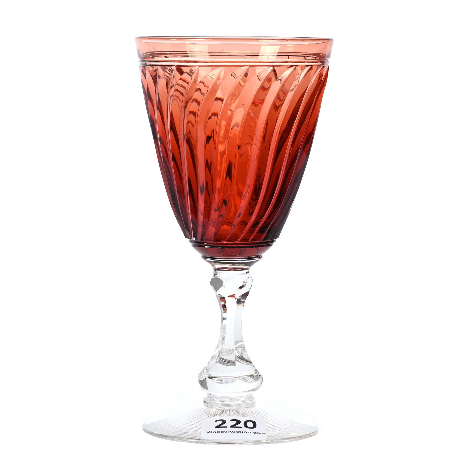 Wine Stem, American Brilliant Cut Glass, Cased "Burnt Orange" Twisted Pillar Pattern, Mt. Washington: Wine Stem, American Brilliant Cut Glass, Cased "Burnt Orange" Twisted Pillar Pattern, Mt. Washington, 5.375" x 2.75", Unique Burnt Orange Cased Bowl, Ray Foot, Interior Open Bubble, American Cut Glass