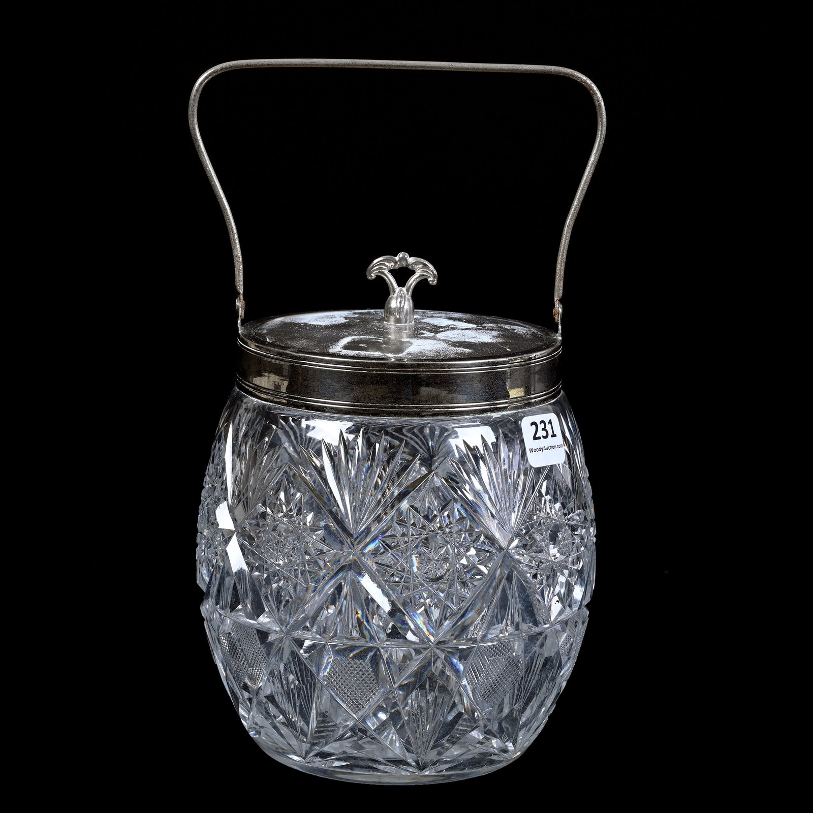 Biscuit Jar, American Brilliant Cut Glass: Biscuit Jar, American Brilliant Cut Glass, 7" x 5.5", Hobstar, Strawberry Diamond And Fan Motif, Ray Cut Base, Silverplate Lid And Bail, Estate Of Rod Smith.