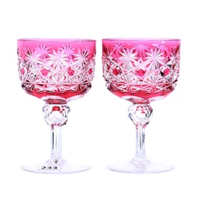 Pair Wine Stems, ABCG, Cranberry Cut To Clear, Russian Pattern, Clear Cut Buttons