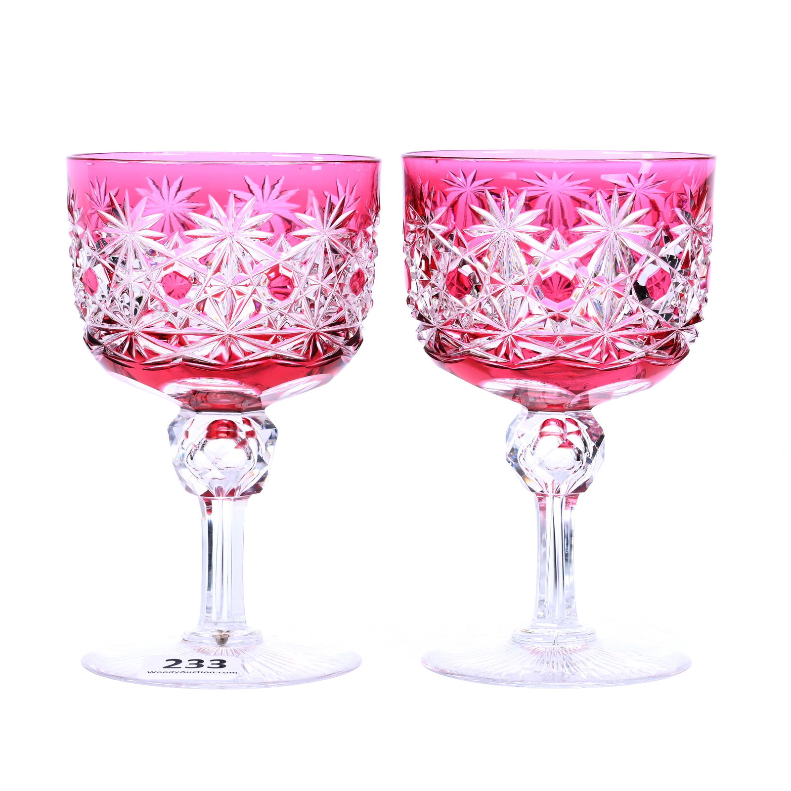 Pair Wine Stems, ABCG, Cranberry Cut To Clear, Russian Pattern, Clear Cut Buttons: Pair Wine Stems, American Brilliant Cut Glass, Cranberry Cut To Clear, Russian Pattern, Clear Cut Buttons, 4.5" x 2.75", Ray Cut Foot, Linda & The Late Gary Maddox, NC.