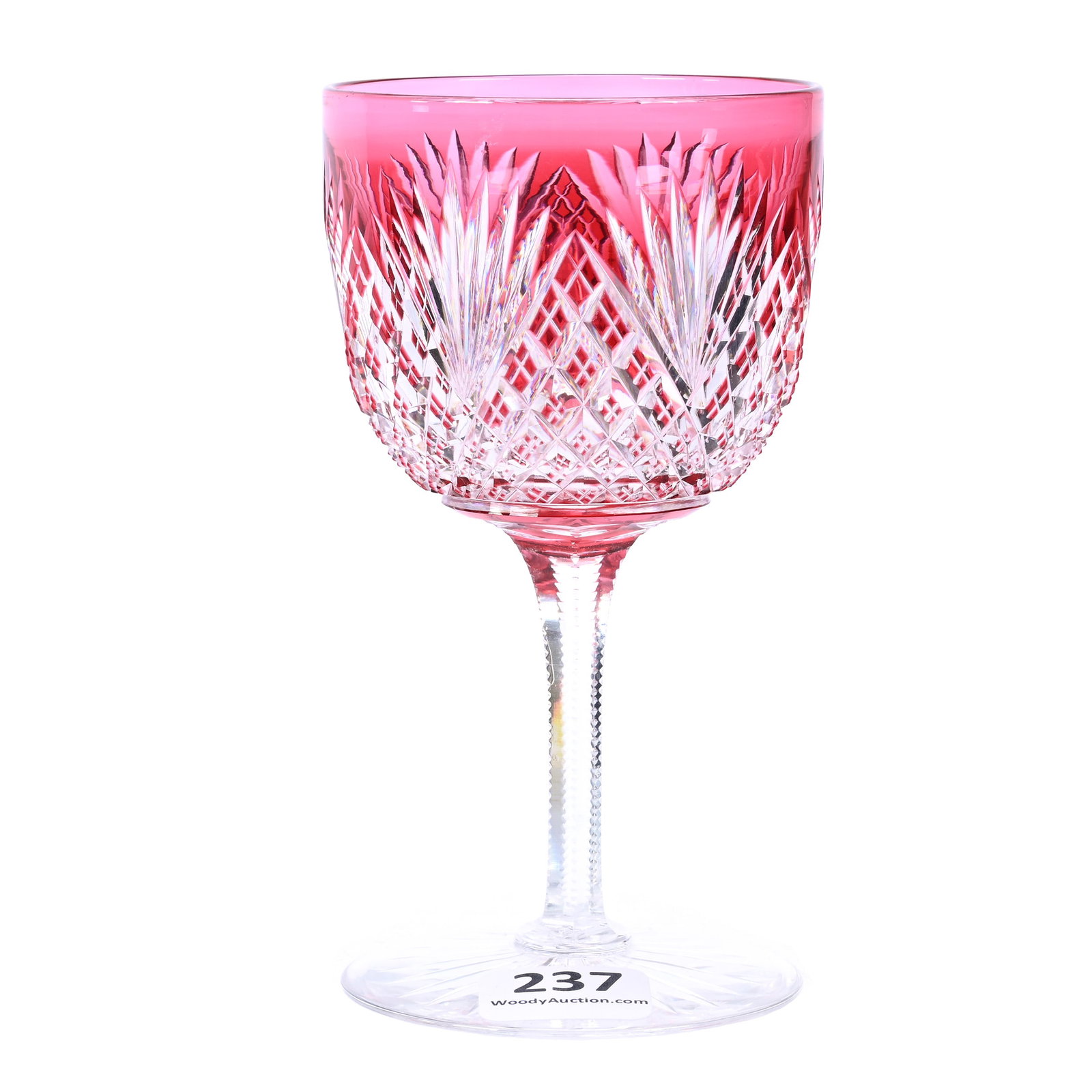Wine Stem, American Brilliant Cut Glass, Cranberry Cut To Clear: Wine Stem, American Brilliant Cut Glass, Cranberry Cut To Clear, 4.75" x 2.5", Crosscut Diamond And Fan Motif, Ray Cut Foot, American Cut Glass Association Collection.