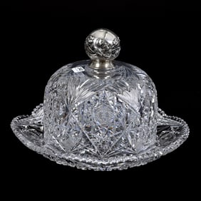 Massive Covered Cheese Dish, American Brilliant Cut Glass, Sterling Finial