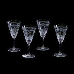 (4) Sherry Stems, American Brilliant Cut Glass, Finely Engraved Oriental Scenes