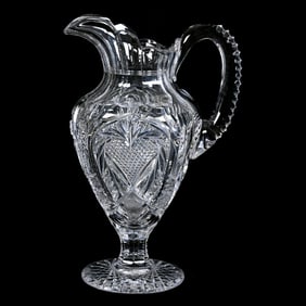 Pedestal Pitcher, American Brilliant Cut Glass, Empress Pattern By Bergen