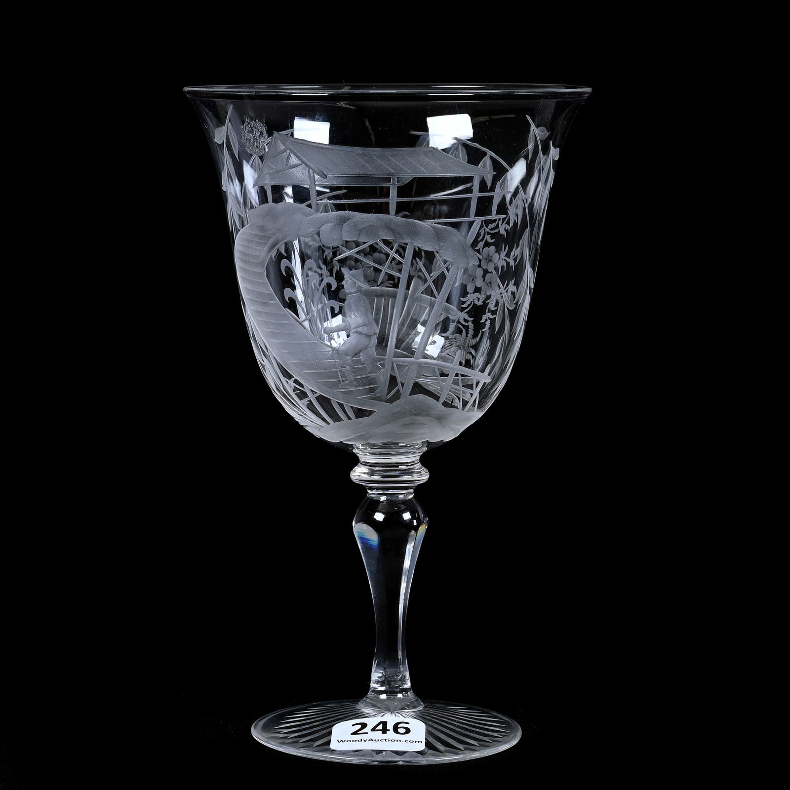 Goblet, American Brilliant Cut Glass, Engraved Oriental Scene (1 of 3)