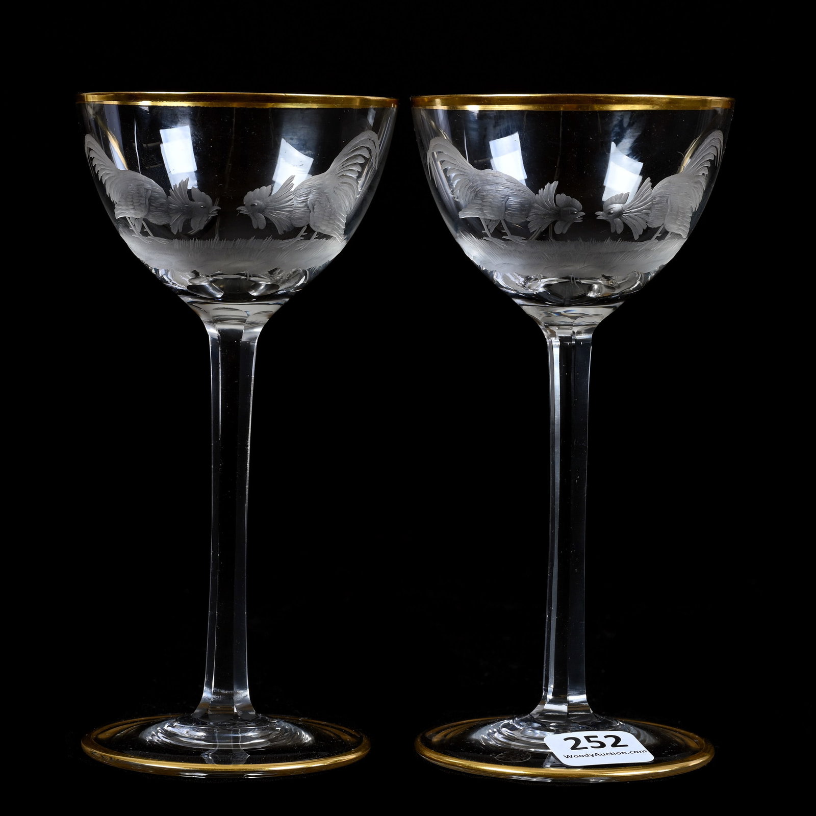 Pair Wine Stems, American Brilliant Cut Glass, Attributed To Dorflinger Honesdale: Pair Wine Stems, American Brilliant Cut Glass, Attributed To Dorflinger Honesdale, 6" x 3", Engraved With Fighting Cock Decor, Gold Rim, The Late Linda Guyer Collection.
