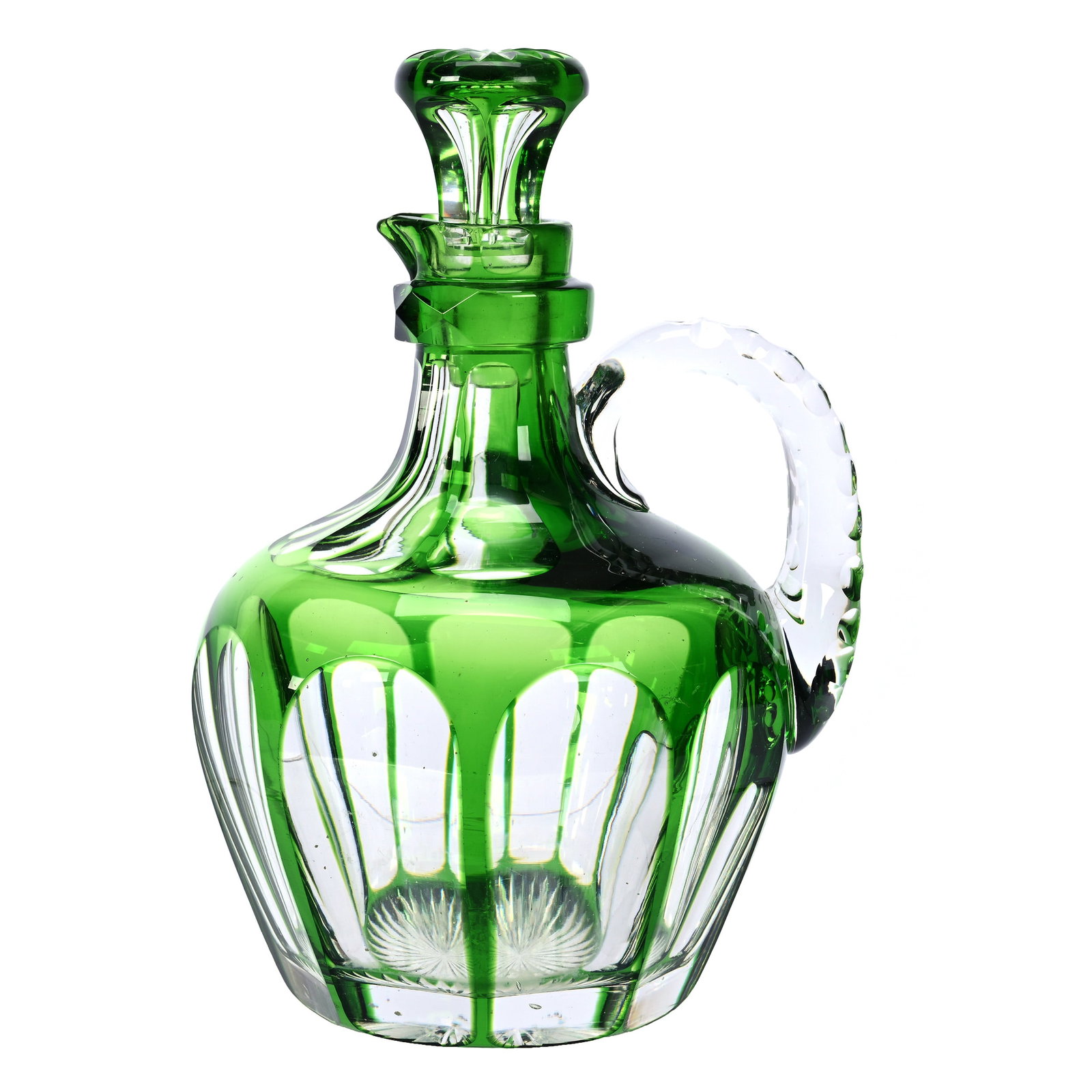 Cordial Decanter, American Brilliant Cut Glass, Green Cut To Clear Flute Pattern: Cordial Decanter, American Brilliant Cut Glass, Green Cut To Clear Flute Pattern, 8" x 5.5", Pattern Cut Stopper, Ray Cut Base, Rim Nick, Linda & The Late Gary Maddox, NC.