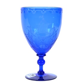 Goblet, American Brilliant Cut Glass, Solid Cobalt Blue Signed Steuben With Engraved Sailing Vessel