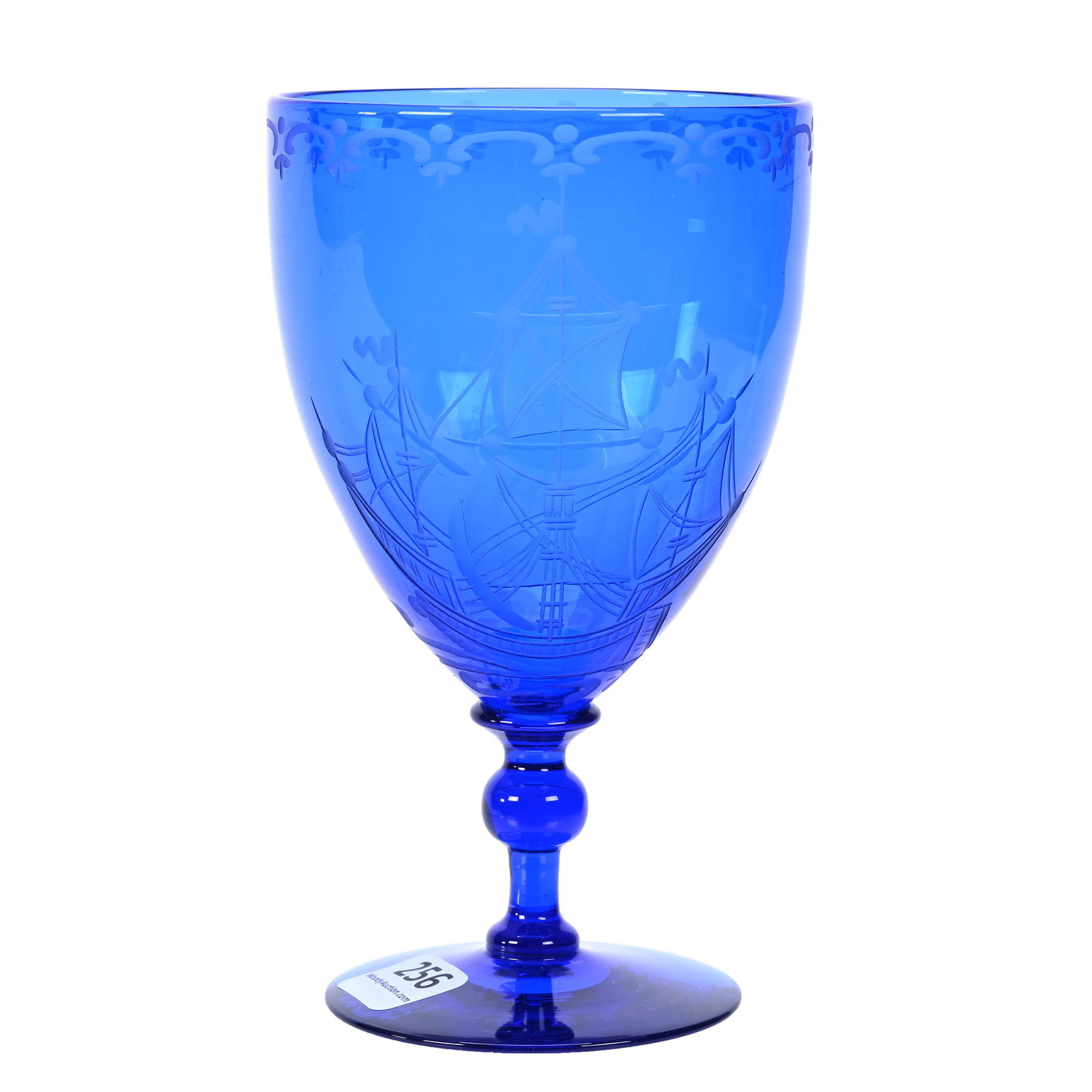 Goblet, American Brilliant Cut Glass, Solid Cobalt Blue Signed Steuben With Engraved Sailing Vessel (1 of 3)