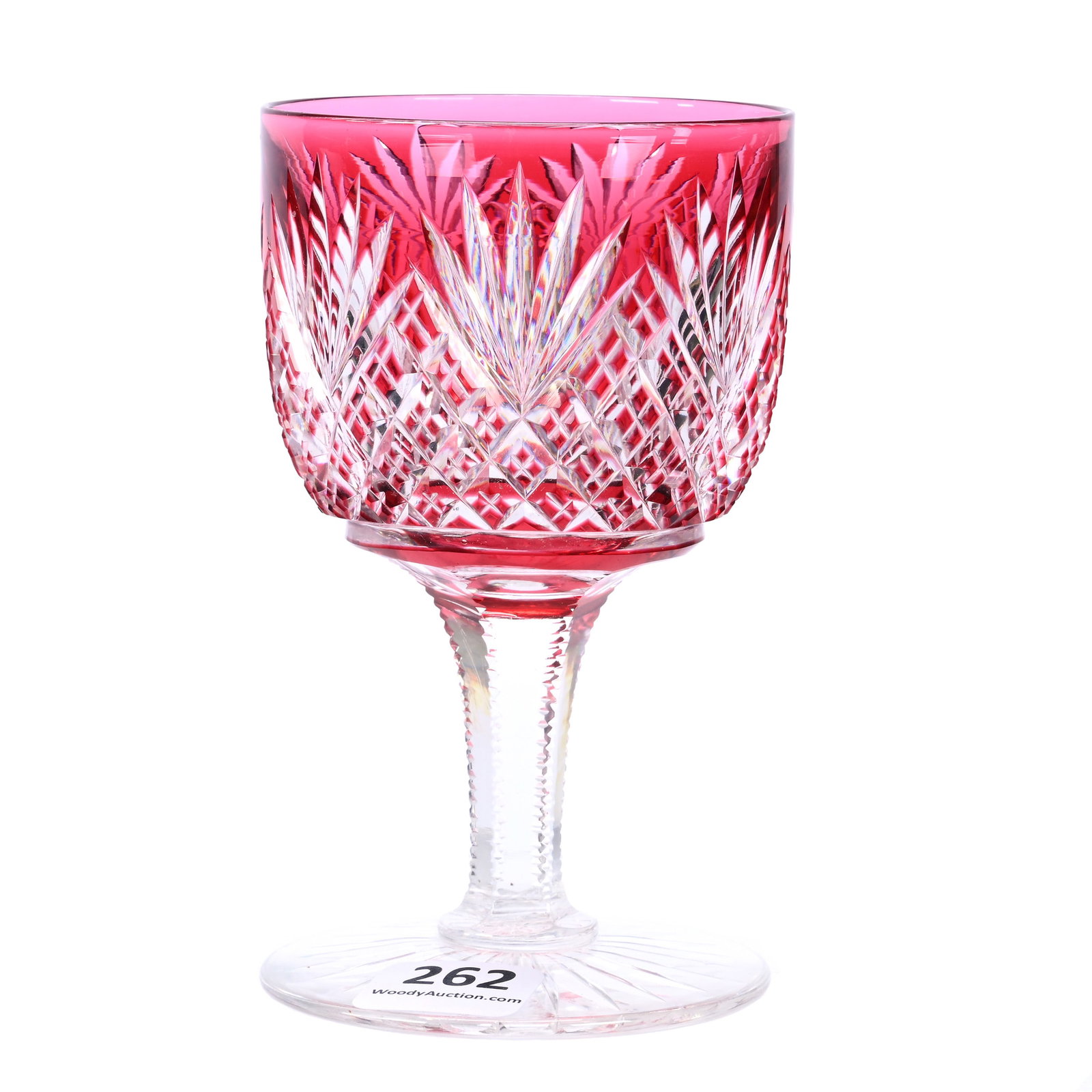 Wine Stem, American Brilliant Cut Glass, Cranberry Cut To Clear, Attributed To Dorflinger: Wine Stem, American Brilliant Cut Glass, Cranberry Cut To Clear, Attributed To Dorflinger, 4.5" x 2.75", Crosscut Diamond & Fan Pattern, Ray Cut Foot, American Cut Glass Association Collection.