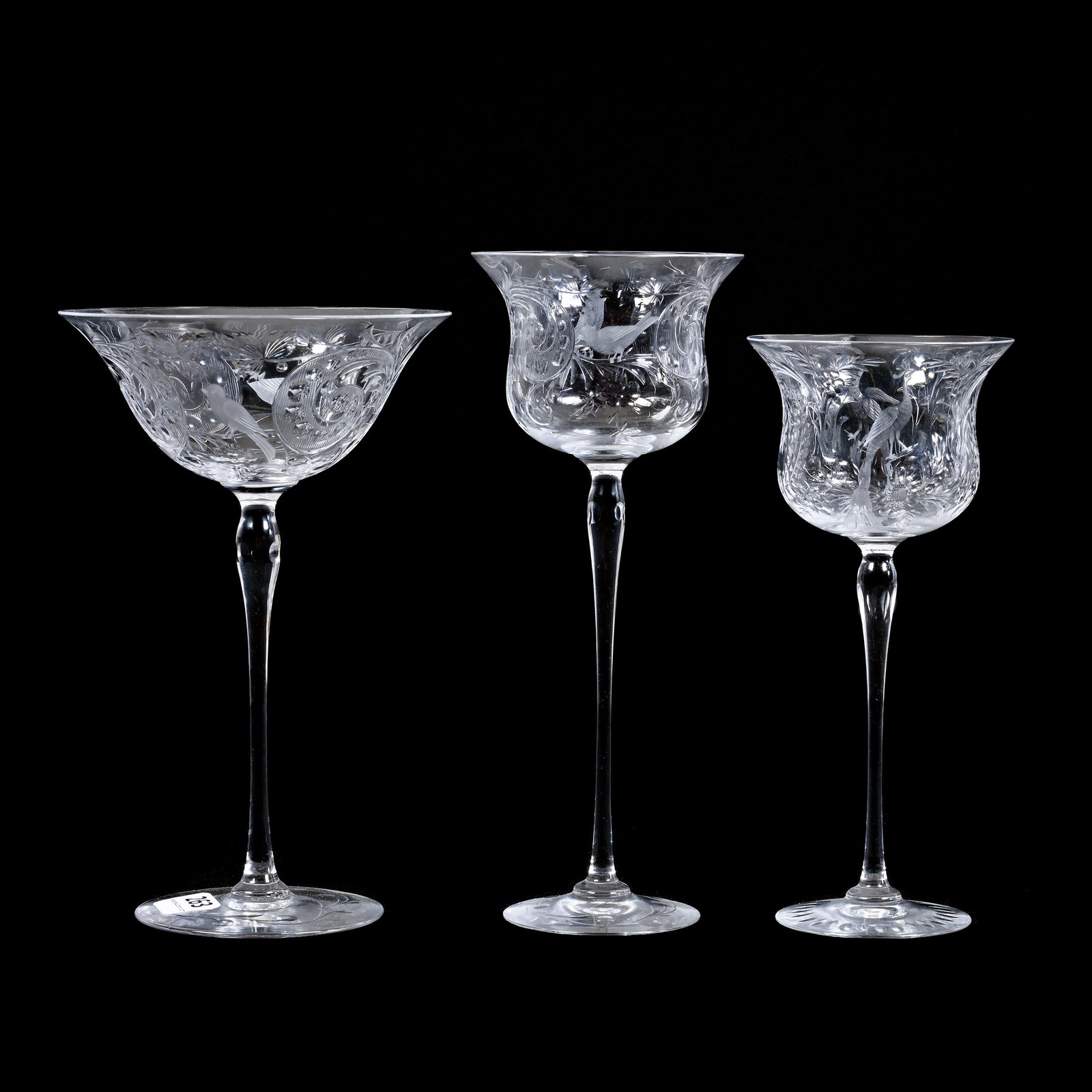 (3) Wine Stems, American Brilliant Cut Glass, All Are Signed Libbey: (3) Wine Stems, American Brilliant Cut Glass, All Are Signed Libbey, (1) 7.75", (2) 7", Both With Engraved Floral And Rococo Scroll Design, (1) 6.75", Engraved Peacock And Bird Of Paradise With Floral