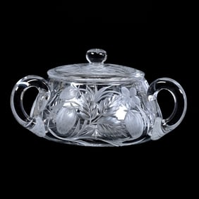 Jam Jar, Three Handles, ABCG, Engraved Strawberry Pattern Attributed To Hawkes
