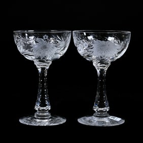 Pair Champagne Stems, American Brilliant Cut Glass, Engraved China Aster Pattern By Hawkes