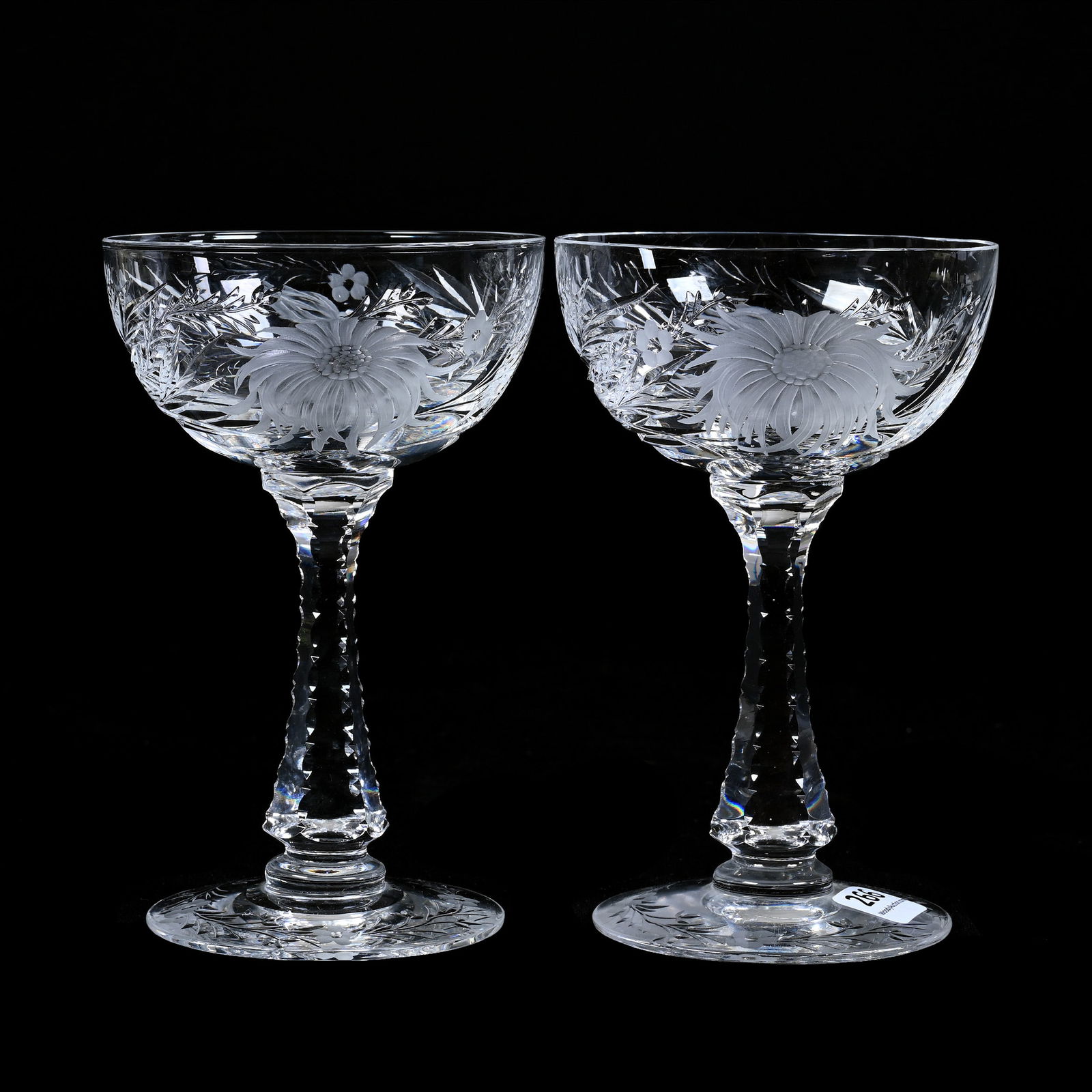 Pair Champagne Stems, American Brilliant Cut Glass, Engraved China Aster Pattern By Hawkes (1 of 3)