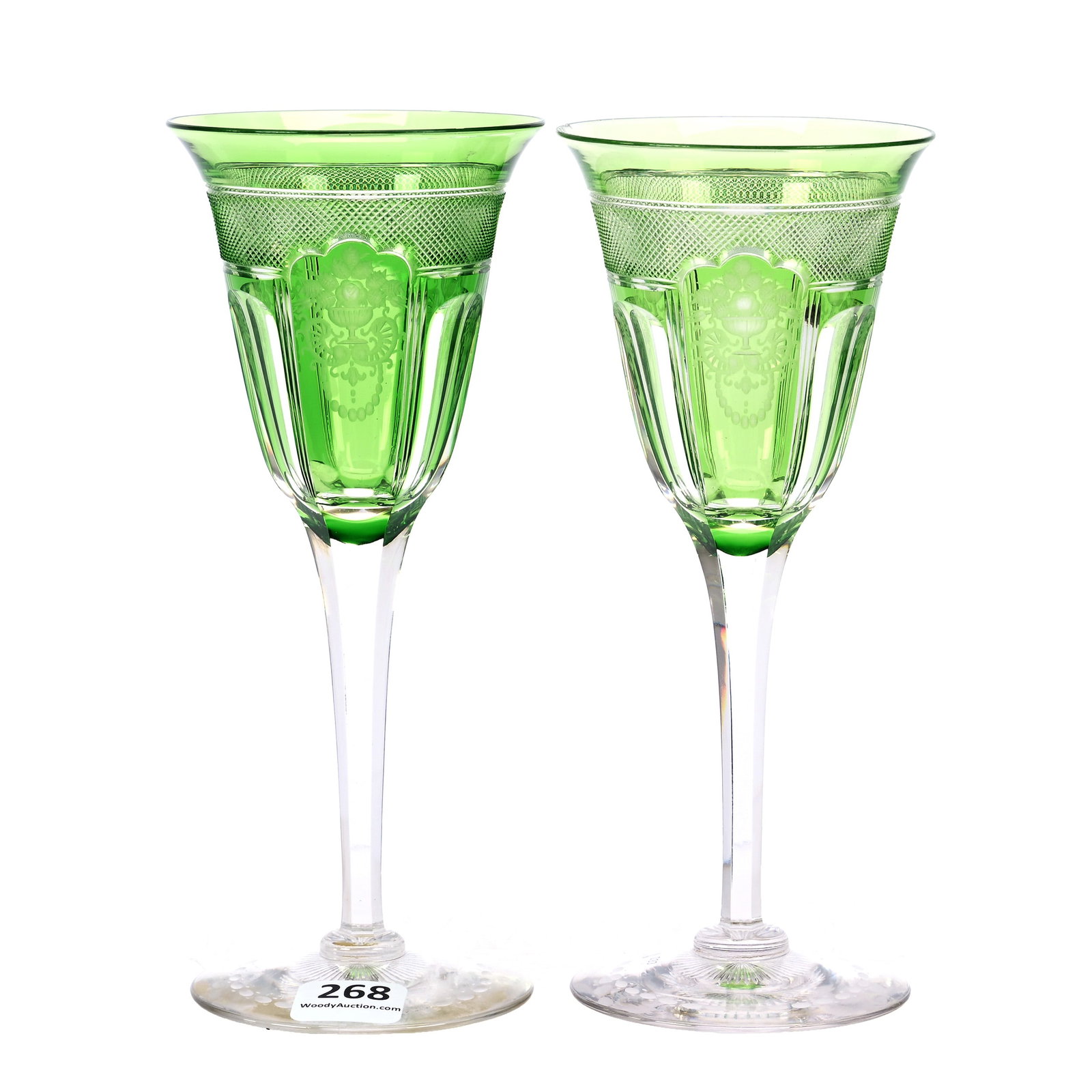 Pair Wine Stems, American Brilliant Cut Glass, Green Cut To Clear, Signed Sinclaire Adam Pattern: Pair Wine Stems, American Brilliant Cut Glass, Green Cut To Clear, Signed Sinclaire Adam Pattern, 7" x 3", One With Rim Bruise, American Cut Glass Association Collection.