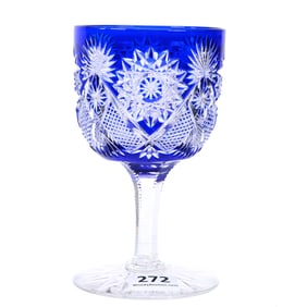 Wine Stem, American Brilliant Cut Glass, Blue Cut To Clear, Americus Pattern By Straus