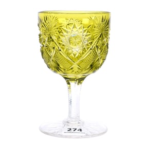 Wine Stem, American Brilliant Cut Glass, Olive Green Cut To Clear, Americus Pattern By Straus
