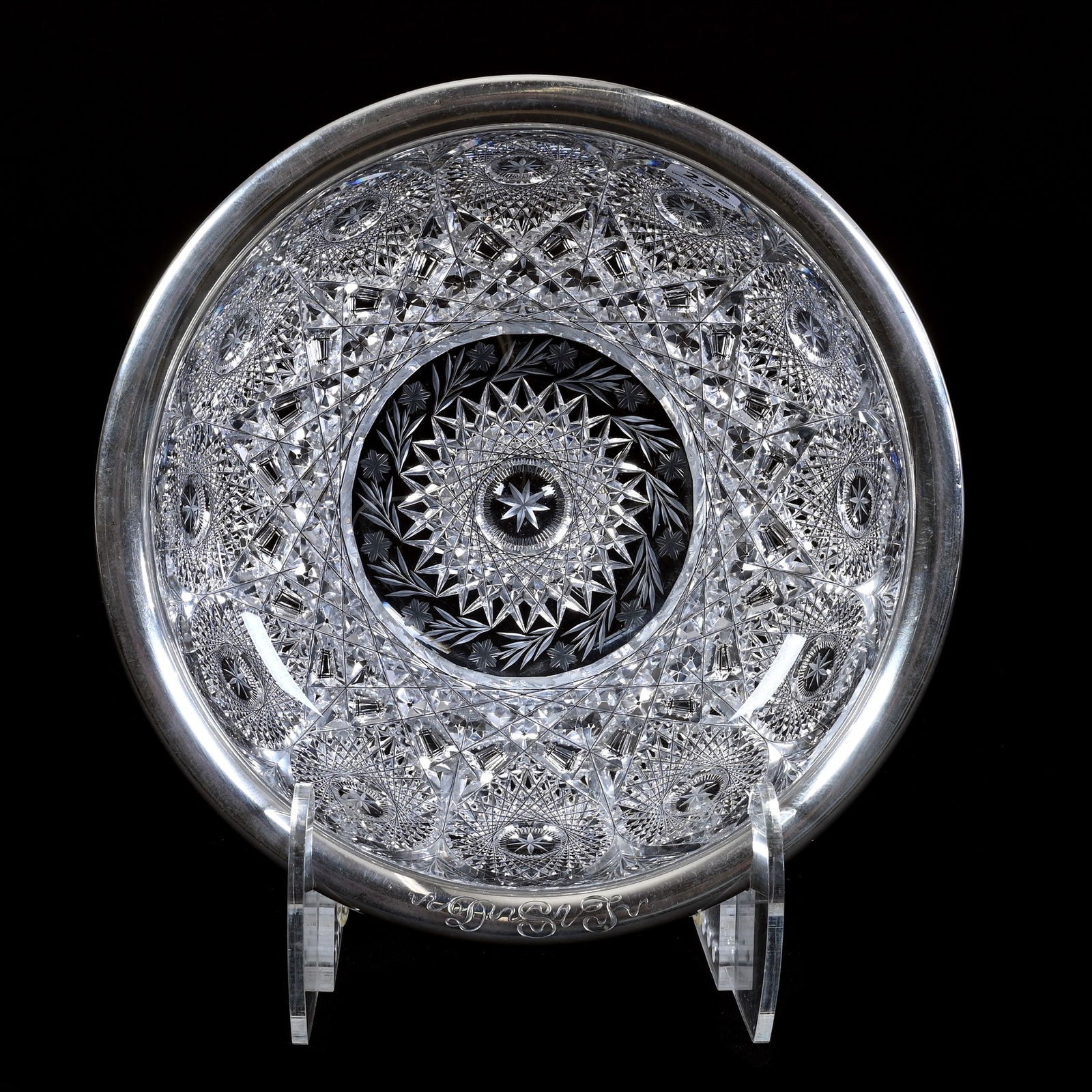 Bowl, American Brilliant Cut Glass, Berwick Pattern By Pairpoint, Sterling Rim Marked Gorham 4641D: Bowl, American Brilliant Cut Glass, Berwick Pattern By Pairpoint, Sterling Rim Marked Gorham 4641D, 3.25" x 9.25", Missouri Private Collection.