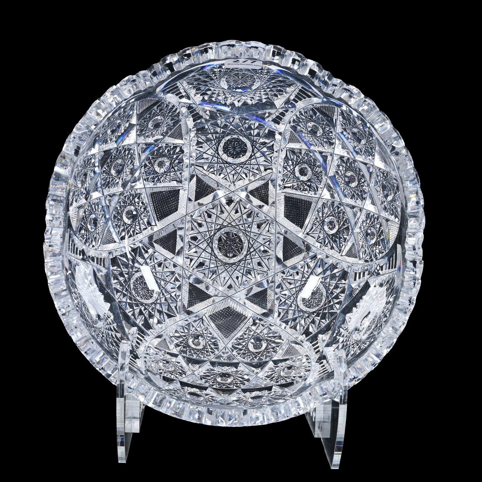 Bowl, American Brilliant Cut Glass: Bowl, American Brilliant Cut Glass, 4.5" x 9", Hobstar And Hobstar Cluster Motif, Strawberry Diamond Highlights, Linda & The Late Gary Maddox, NC.