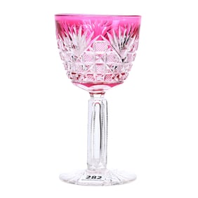 Wine Stem, American Brilliant Cut Glass, Cranberry Cut To Clear, Oriental Pattern By Dorflinger