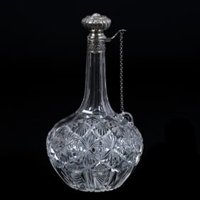 Cordial Decanter, American Brilliant Cut Glass, Croesus Pattern By J. Hoare, Sterling Top