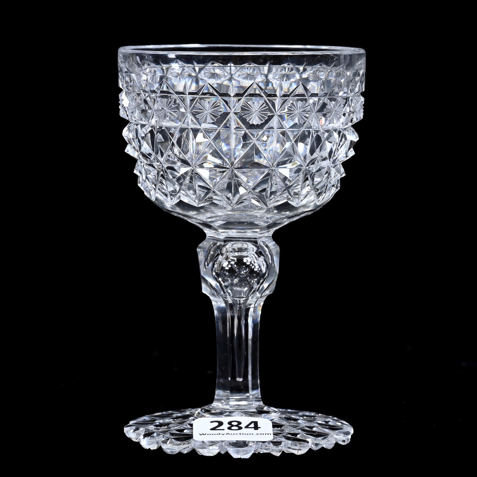 Wine Stem, American Brilliant Cut Glass, MacDonald Pattern By Hawkes: Wine Stem, American Brilliant Cut Glass, MacDonald Pattern By Hawkes, 4.5" x 2.75", Pattern Cut Scalloped Foot, Indiana Private Collection.