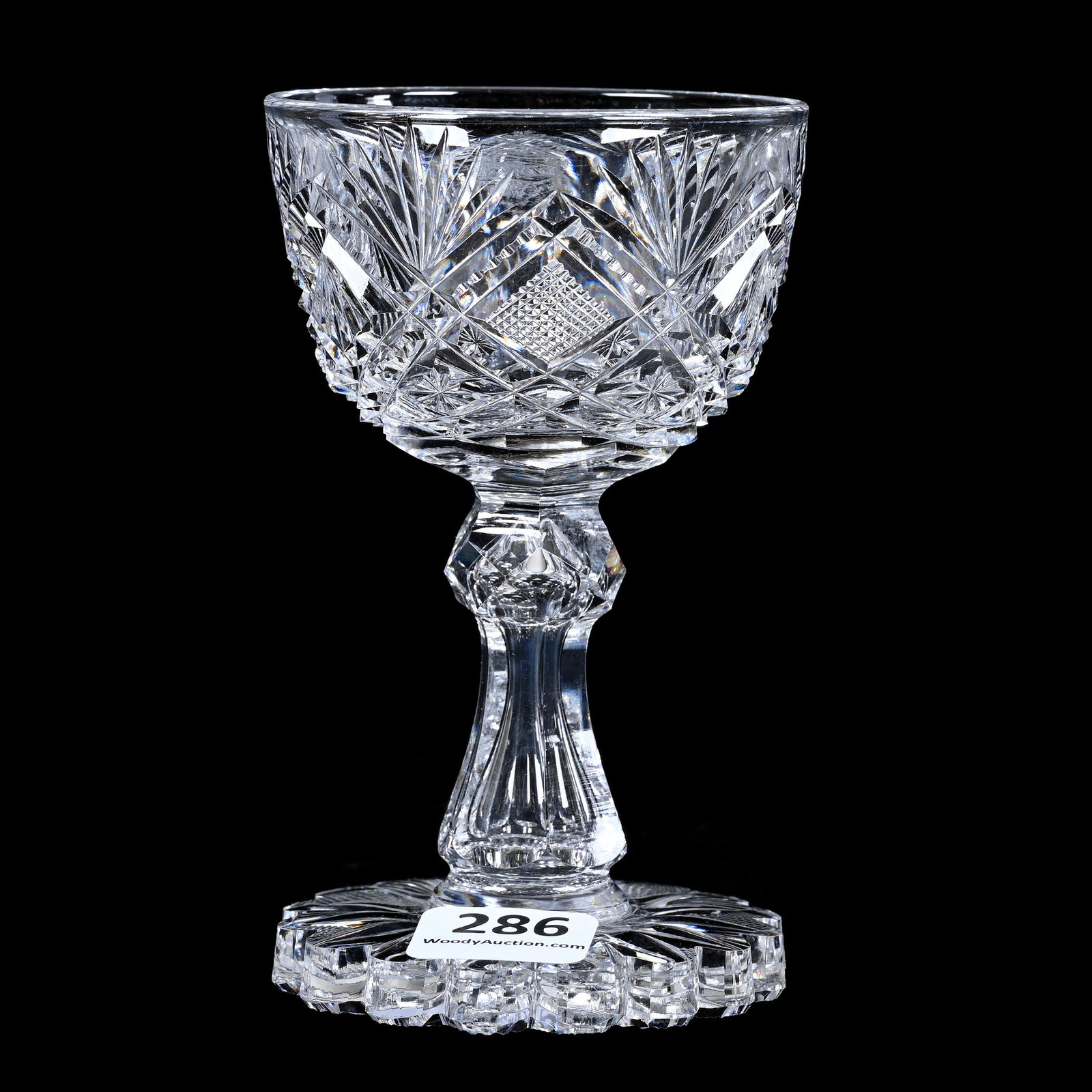 Wine Stem, American Brilliant Cut Glass, Parisian Pattern By Dorflinger: Wine Stem, American Brilliant Cut Glass, Parisian Pattern By Dorflinger, 4.5" x 2.75", Exceptional Flashed Scalloped Hobstar Foot, The Late Linda Guyer Collection.