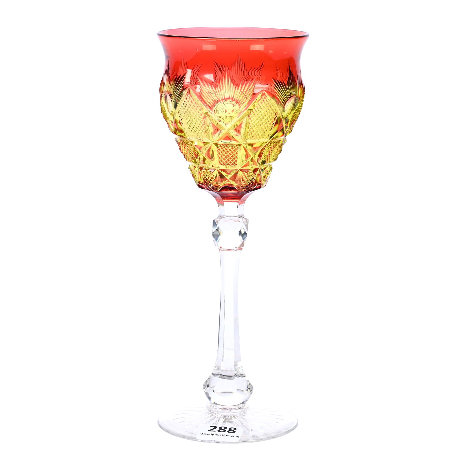 Wine Stem, BPCG, Cranberry Cut To Yellow, Attributed To Val St. Lambert: Wine Stem, Brilliant Period Cut Glass, Cranberry Cut To Yellow, Attributed To Val St. Lambert, 8" x 3", Strawberry Diamond, Punty, Miter And Fan, Ray Cut Foot, American Cut Glass Association Collectio