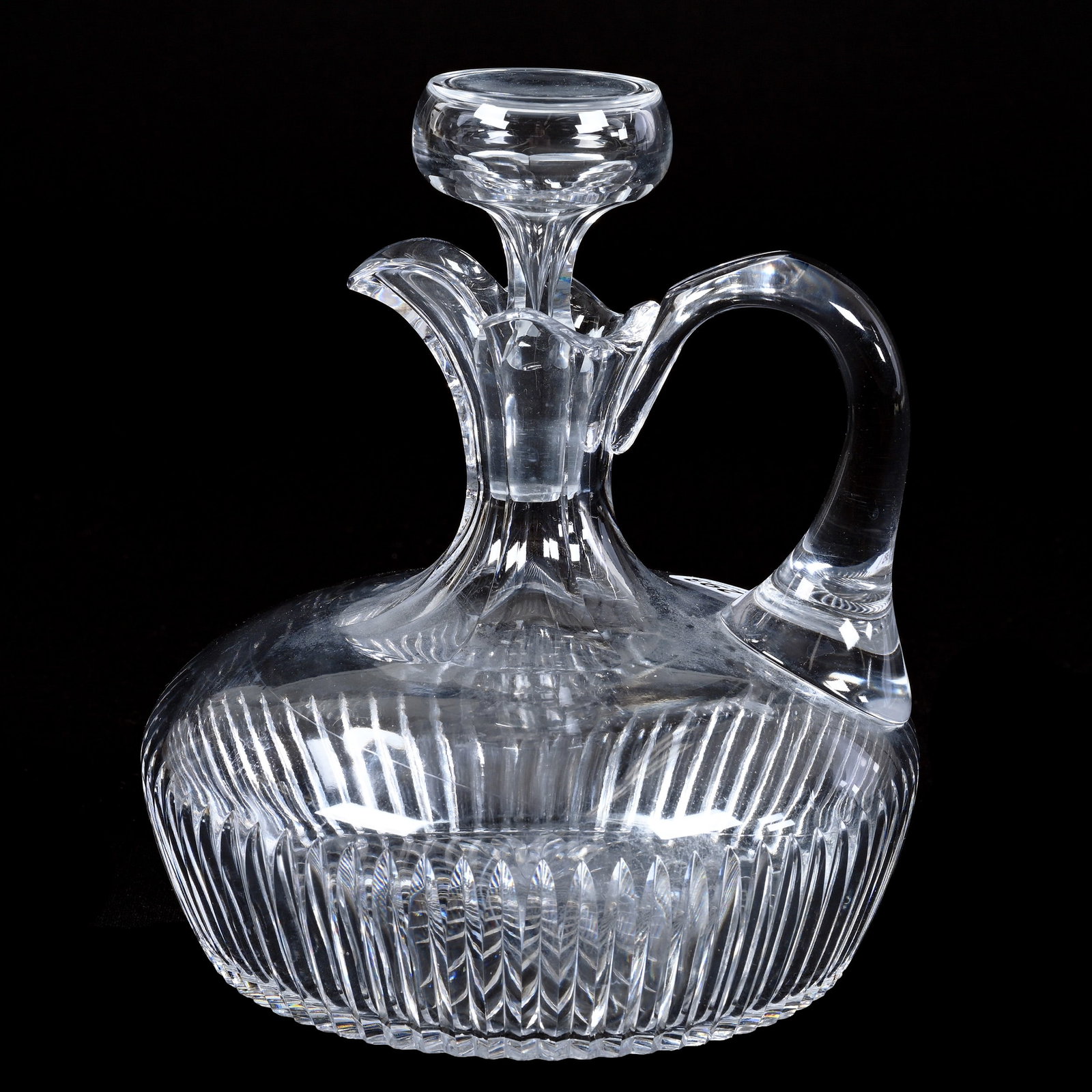Ship's Decanter, American Brilliant Cut Glass: Ship's Decanter, American Brilliant Cut Glass, 7.25" x 6.25", Vertical Miter Motif, Ray Cut Base, The Late Linda Guyer Collection.