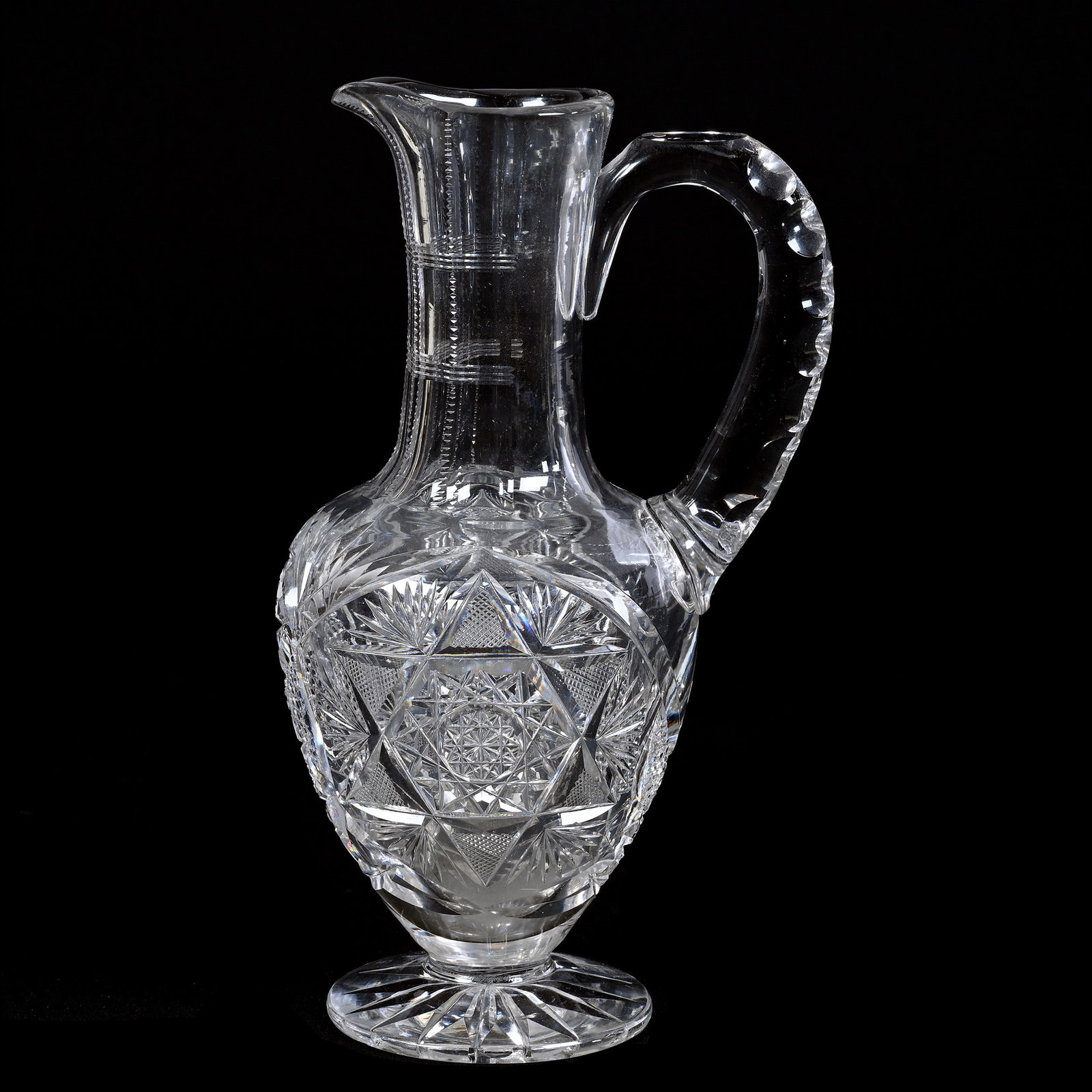 Pedestal Pitcher, American Brilliant Cut Glass, Signed Taylor Pattern #421: Pedestal Pitcher, American Brilliant Cut Glass, Signed Taylor Pattern #421, 10.75" x 5.75", Double Notched Handle, Ray Cut Foot, Indiana Private Collection.