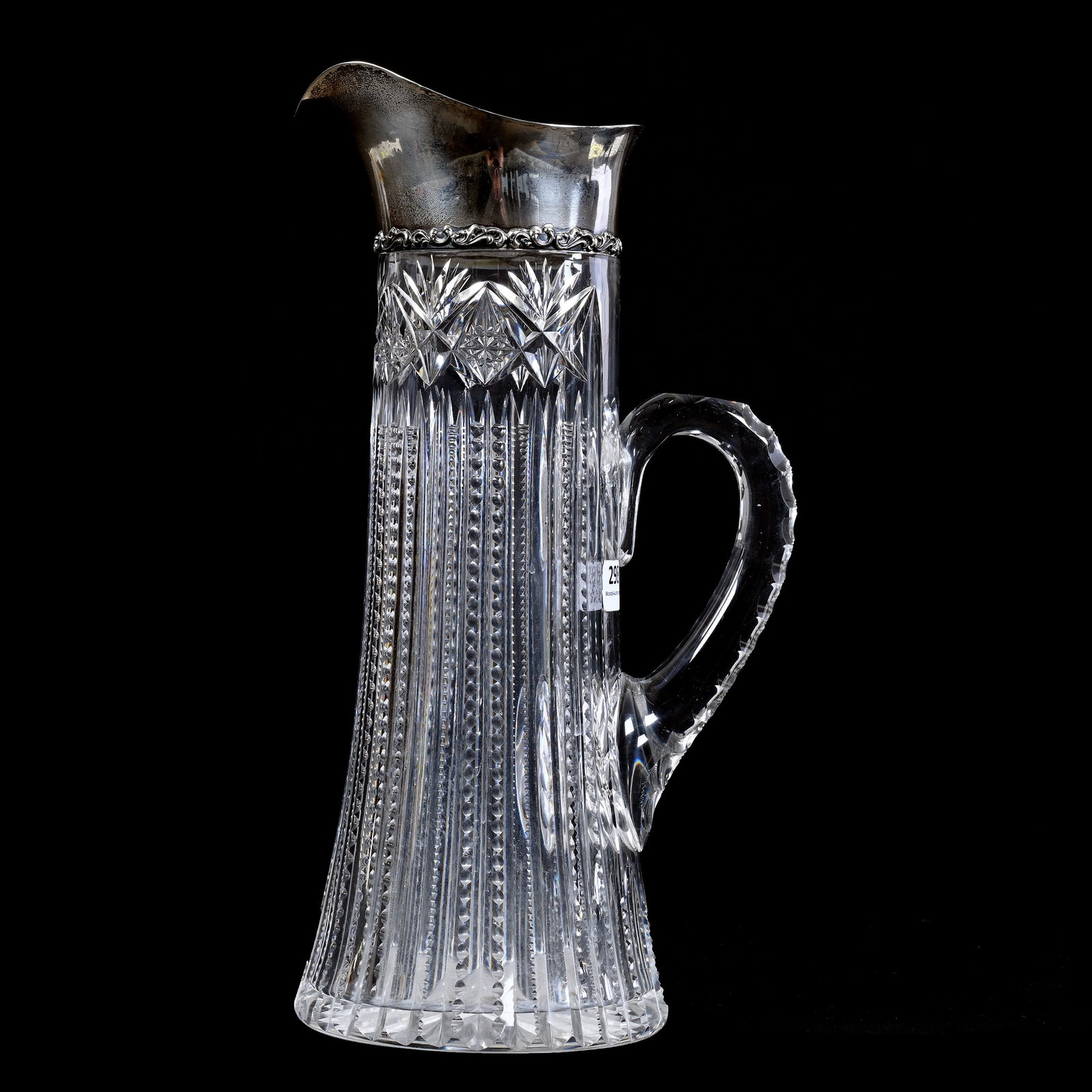 Tankard, American Brilliant Cut Glass, Sterling Silver Spout/Collar: Tankard, American Brilliant Cut Glass, Sterling Silver Spout/Collar, 13.25" x 7", Prism Cut Body With Hobstar And Fan Border Highlights, Double Notched And Crosshatched Handle, Ray Cut Base, Sterling 