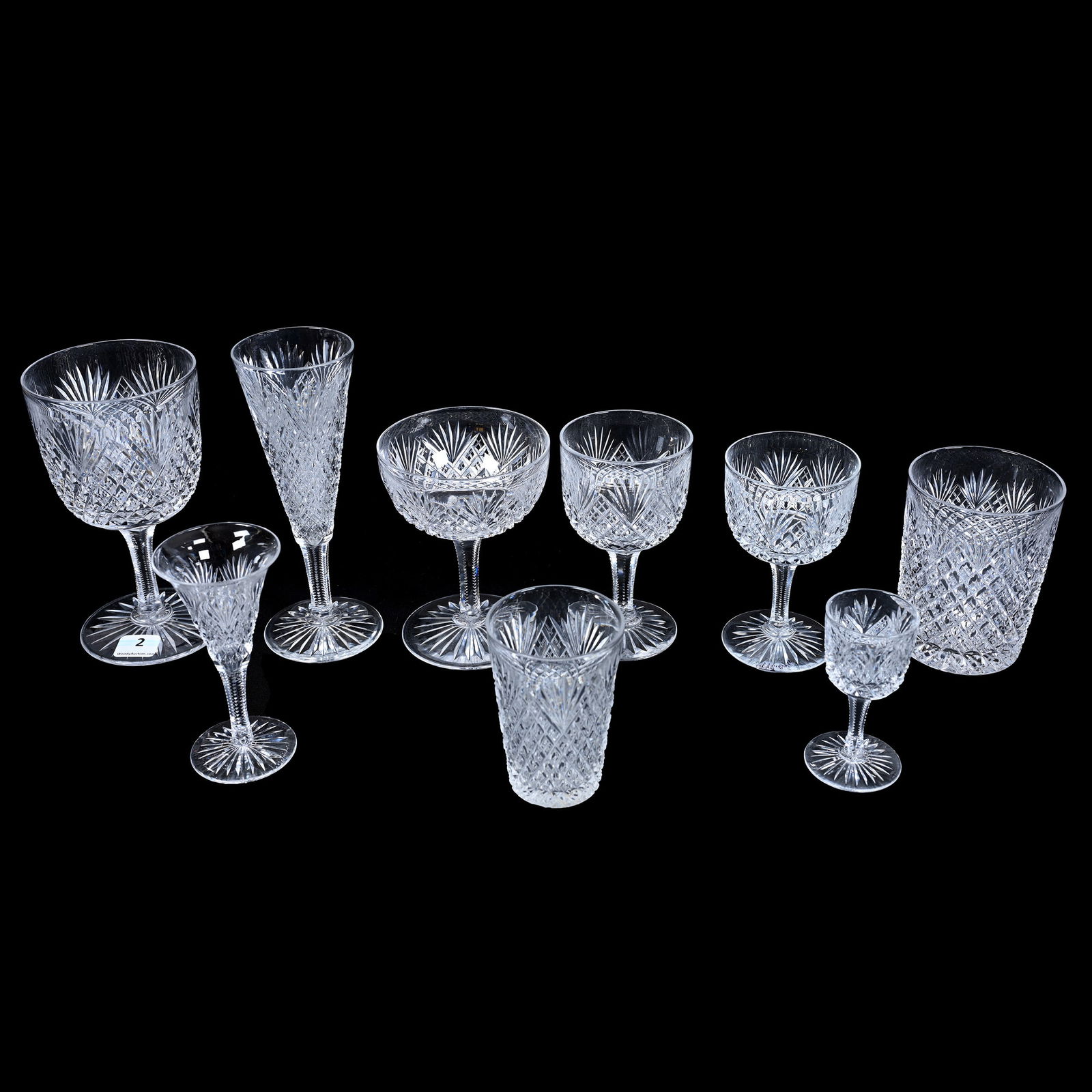 (9) ABCG Items, All Are Crosscut Diamond & Fan, Attributed To Hawkes: (9) American Brilliant Cut Glass Items, All Are Crosscut Diamond & Fan, Attributed To Hawkes, (1) 6.5" Fluted Champagne, (1) 6" Goblet, (1) 4.5" Champagne, (1) 4.75" Red Wine, (1) 4.25" White Wine, (1