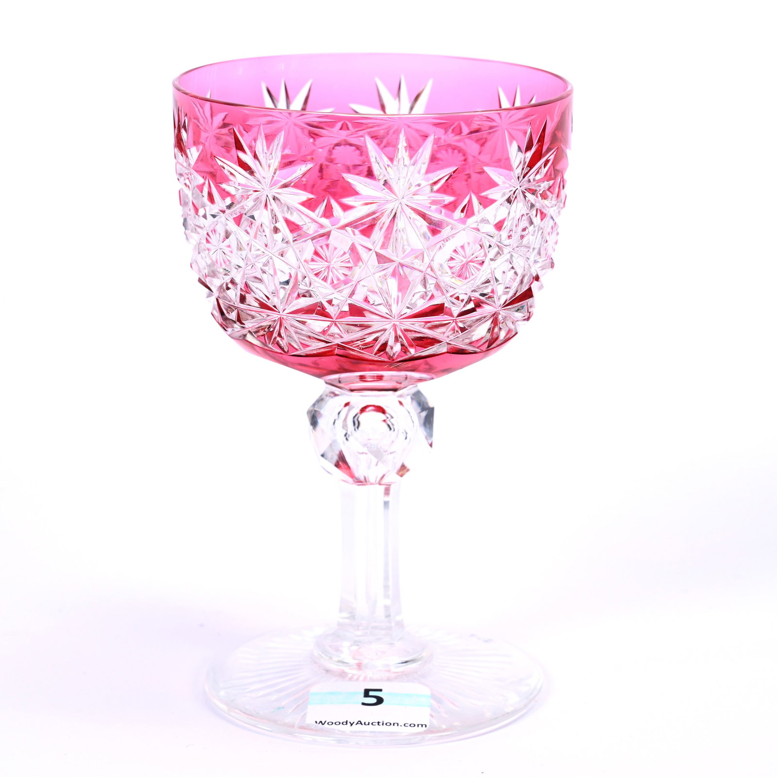 Wine Stem, ABCG, Cranberry Cut To Clear, Russian Pattern, Starcut Buttons: Wine Stem, American Brilliant Cut Glass, Cranberry Cut To Clear, Russian Pattern, Starcut Buttons, 4.5" x 2.75", Ray Cut Foot, Possible Professional Rim Touch-Up, American Cut Glass Association Collec