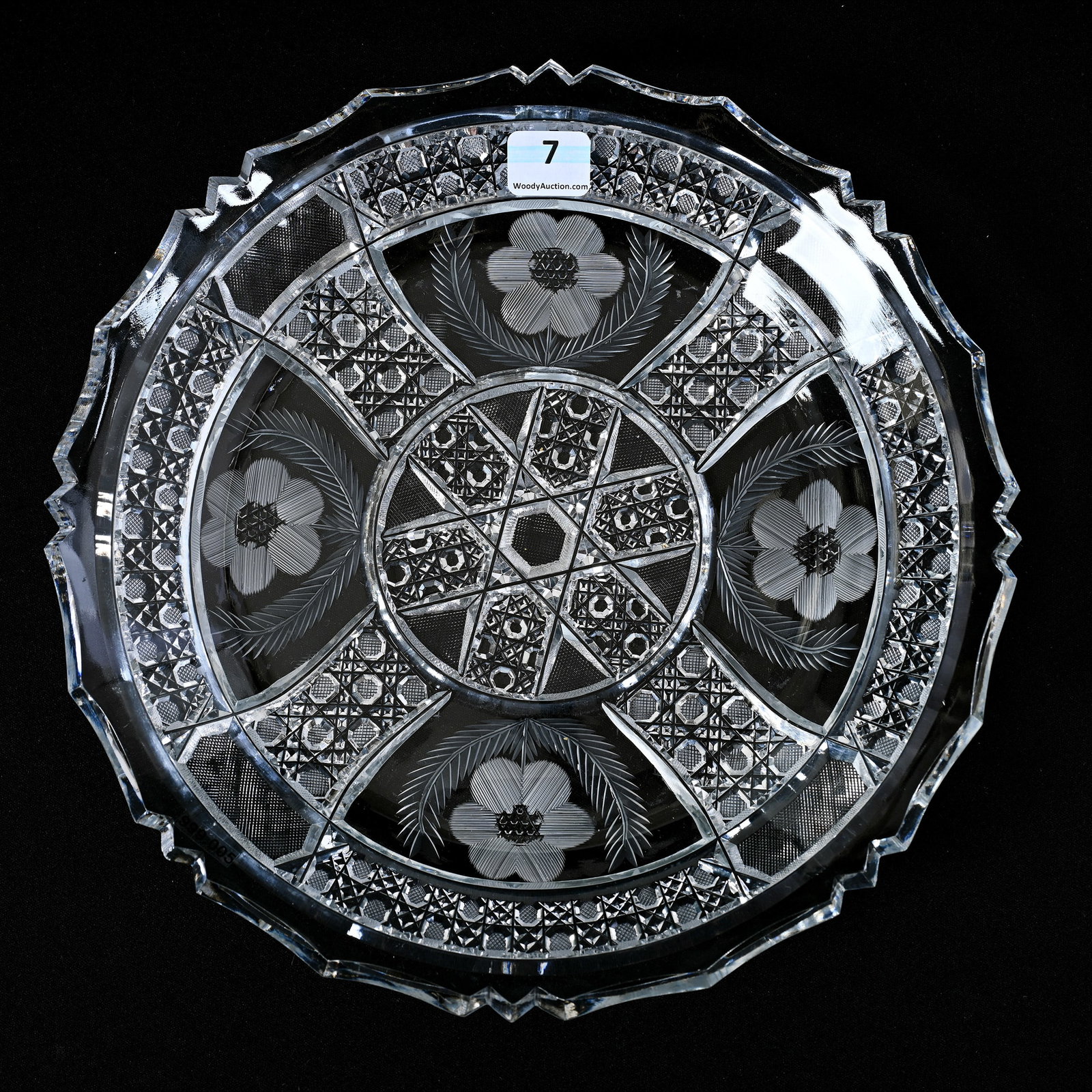 Plate, ABCG, Attributed To Edward Mayer Glass Cutters: Plate, American Brilliant Cut Glass, Attributed To Edward Mayer Glass Cutters, 9.75", Four Sections Of Cane And Engraved Floral Motif, American Cut Glass Association Collection.